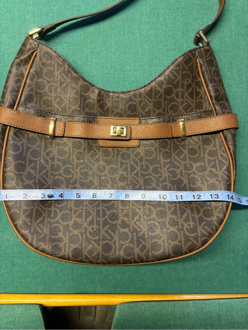 Calvin Klein Crescent Shoulder Bag in Brown with Tan Trim